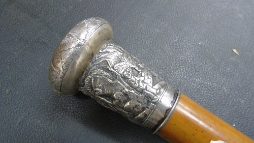 A Fruitwood Walking Stick with Possible Silver Embossed Repoussé Top depicting Chinese temples and - Image 2 of 2