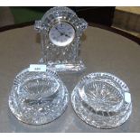 A Large Waterford Crystal Mantle Clock, along with two ashtrays.