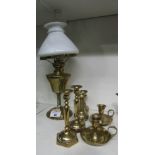 An Attractive Brass Oil Lamp, with chimney & white glass shade along with three sets of brass