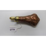 A 19th Century Embossed Copper & Brass Powder Flask in Beautiful Condition, with sprung clip, 5.