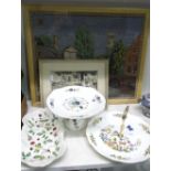 An Assorted Lot to include a 19th century engraving, a Bruges textile, an Aynsley cake plate with