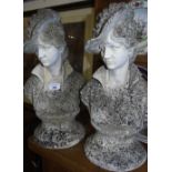 A Pair of Weathered Cast Composition Stone Head and Shoulder Busts of Classical Females with