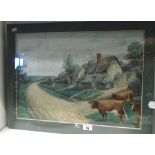 A Reginald Day Watercolour, cattle on a country lane, framed and glazed