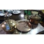 A Circular Copper Salver along with Two 19th Century Copper Kettles.