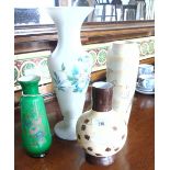 Three Late 19th Century Opaque Glass Vases, with foliate decoration and one in the shape of an urn.