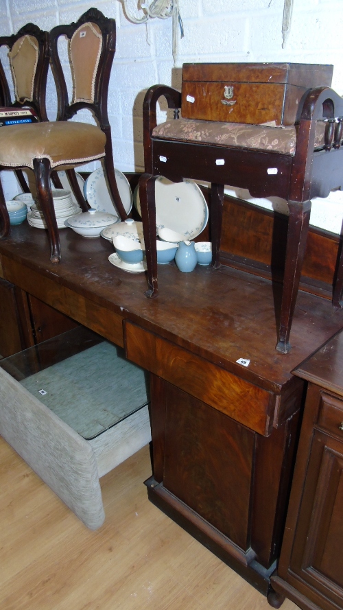 A 19th Century Mahogany Pedestal Sideboard with gallery back, with a piano stool and a burr walnut
