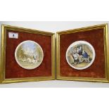 A Pair of Prattware Lids; both framed on burgundy velvet backgrounds.