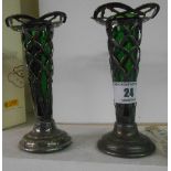 A Pair of Pierced Silver Plate and Green Glass Bud Vases.