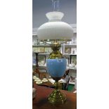 A 19th Century Style Brass and Glass Oil Lamp; with blue ceramic reservoir.
