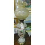 A Late 19th/Early 20th Century Opaque Glass Urn Shaped Oil Lamp; with an enamel decoration of pine