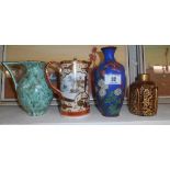 A 19th Century Ruby and Gilded Glass Vase; a cloisonné vase and two jugs.