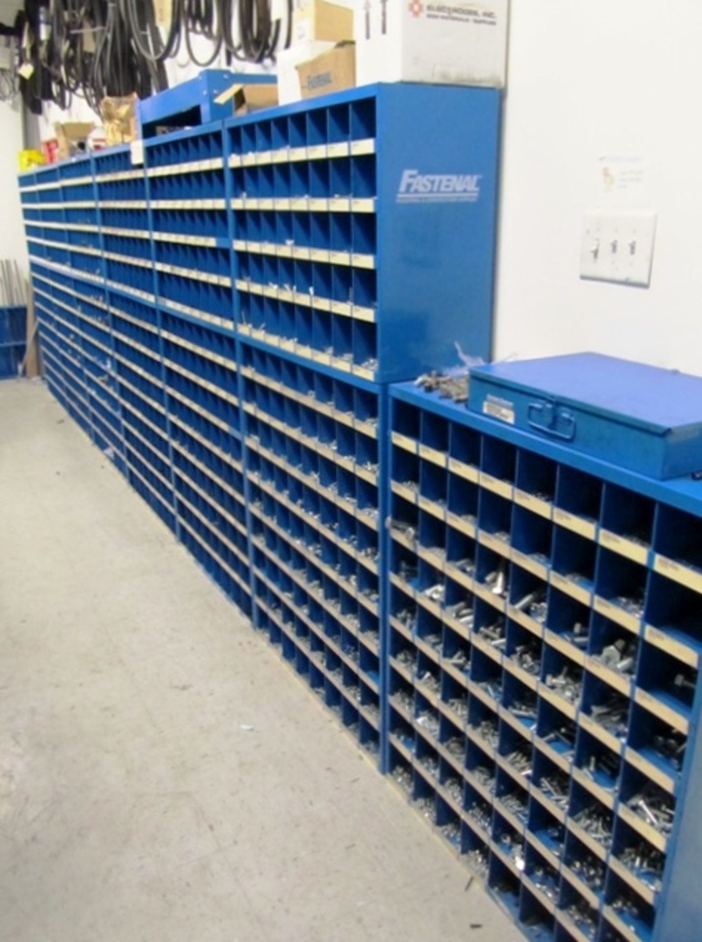 7 Sections Bolt Bins with Contents of Assorted Hardware, Black Pipe & Brass Fittings & Misc    **