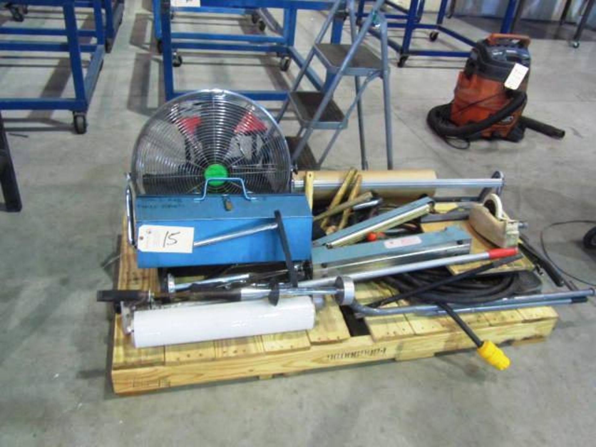 Pallet of Misc Tools, Fan, Paper Shears, Toolbox, Roller Seat, Etc