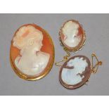 Three cameo brooches: one marked '750',