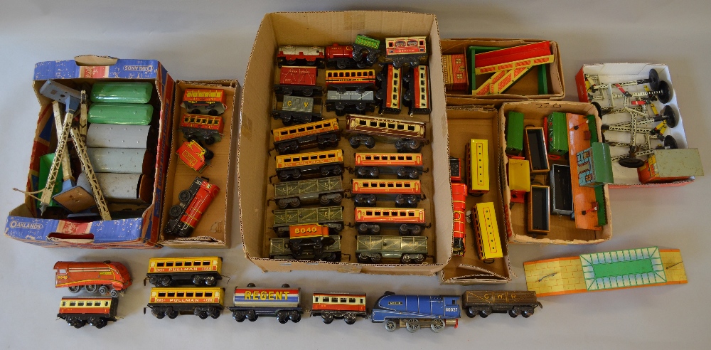 O Gauge. Brimtoy & Chad Valley, locomotives, rolling stock & buildings/accessories, together with