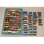 OO Gauge. Unboxed wagons & box vans. 80+ Hornby, Bachmann, etc. Overall F/G Few missing coupling
