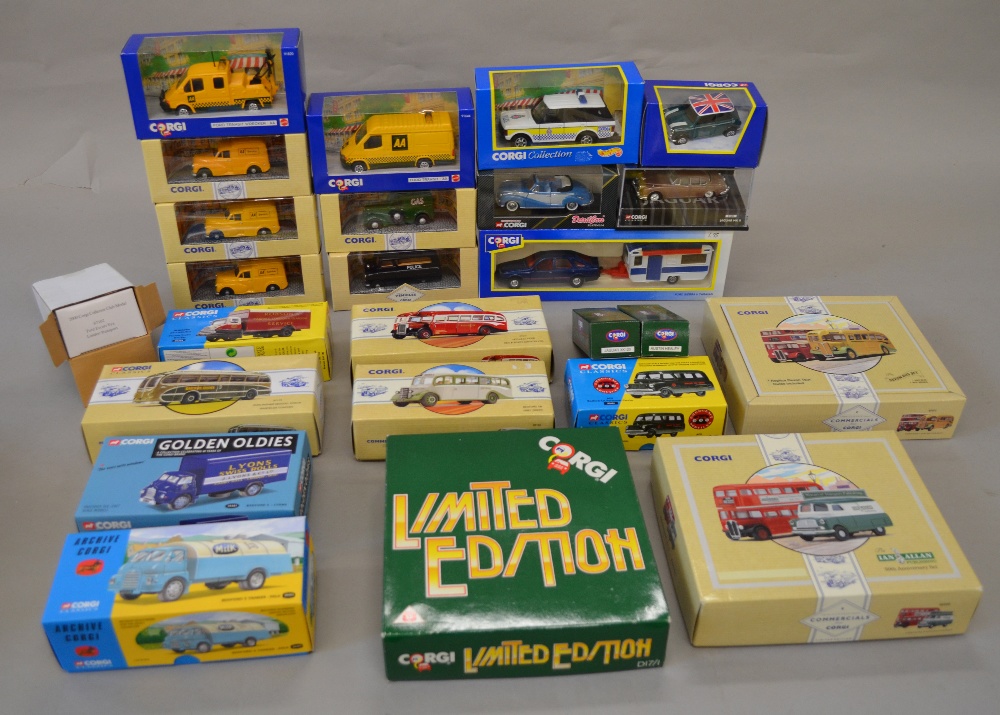 25 assorted boxed Corgi models including Classics and bus models.