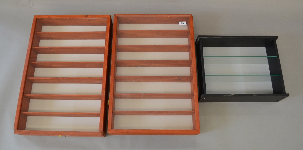 3 Wood and glass diecast display cabinets.