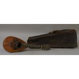 A Barnes and Mullins Mandolin with MOP inlay and leather case.