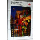 London Underground tube train posters including Downtown to Soho by Bus and Tube art by Michael