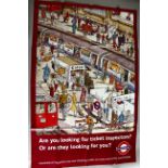 London Underground tube train posters including Are you looking of Ticket inspectors or are they