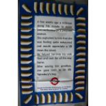 London Underground tube train Penalty Fares posters including themes of Hamburgers, Wembley Stadium,