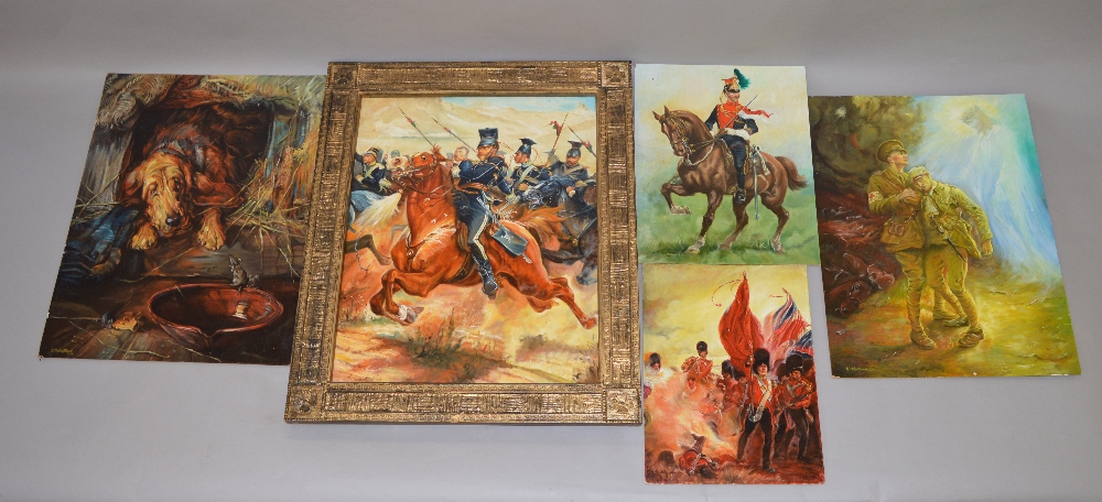 5 Oil on board mostly war related paintings by Westwood, R. D. 4 unframed, one framed.