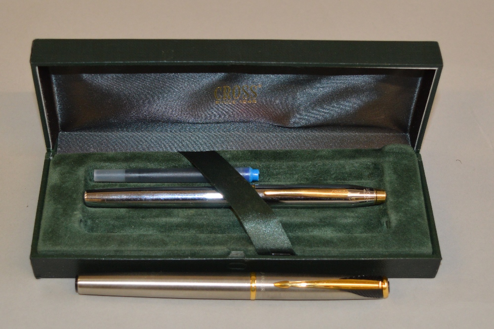 Parker fountain pen together with a Cross ballpoint in case.