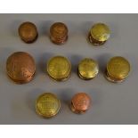 9 novelty pill/snuff boxes made from coins and tokens etc.