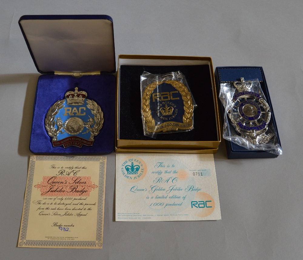 3 boxed RAC badges including LE 711/1000 Queen's Golden Jubilee badge;