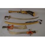 7 decorative swords including fencing examples together with a brass replica gun