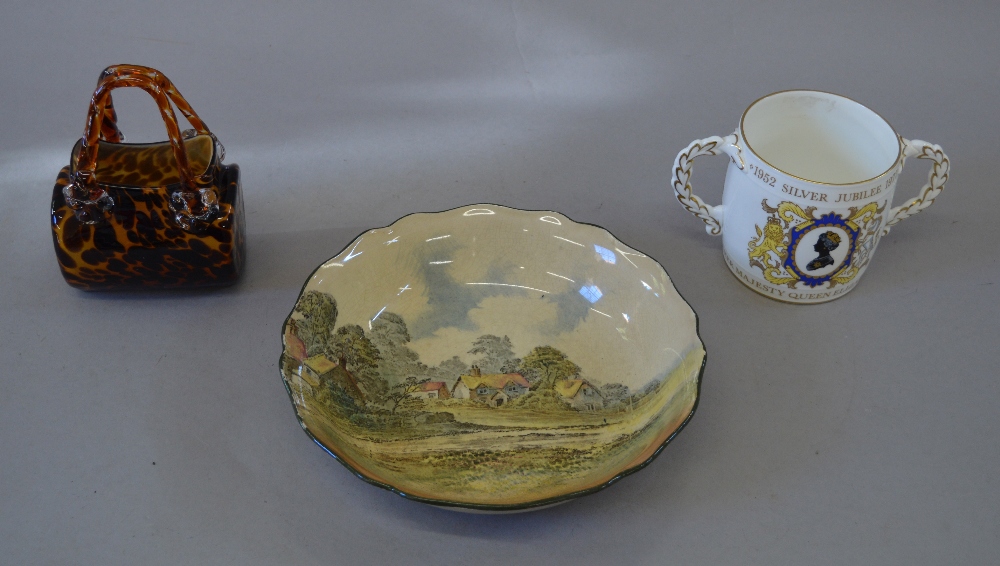 Royal Doulton bowl stamped D3647 together with a LE Coalport silver jubilee mug and an art-glass