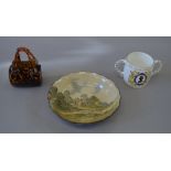 Royal Doulton bowl stamped D3647 together with a LE Coalport silver jubilee mug and an art-glass