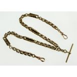 A Victorian box link double albert chain with T-bar and H/M clips, the chain marked 9ct, approx 31.