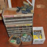 Humbrol enamel paint cabinet and paints together with various white metal tank building materials.