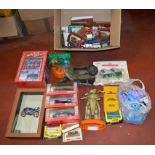 Box of assorted toys including diecast, plastic toys and a slot machine toy etc.