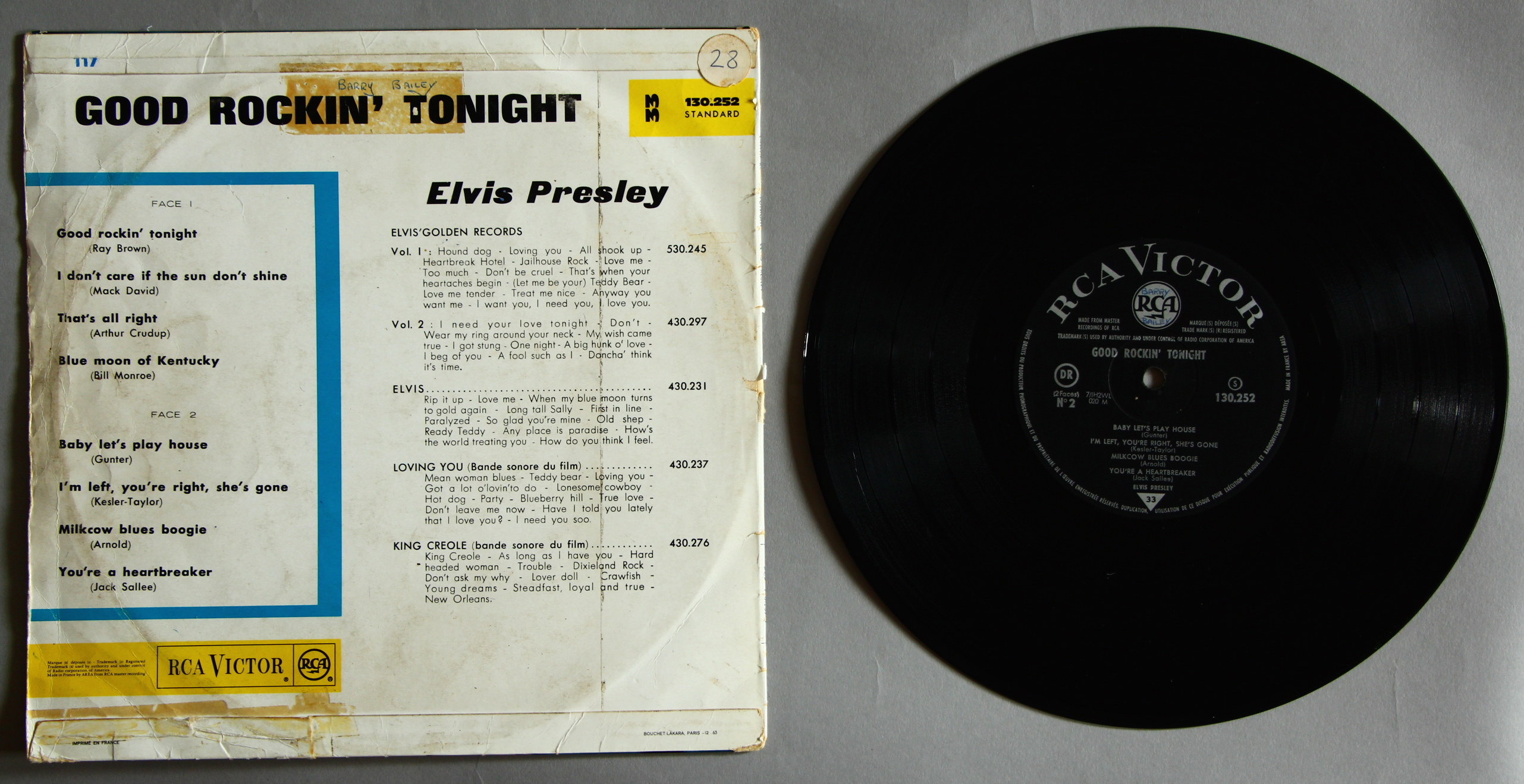 Elvis Presley Rare French 10 inch vinyl record "Good Rockin Tonight" original pressing 130.252. - Image 2 of 6