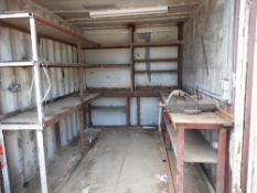 10ft approx. Shipping container store c/w internal racking and vice