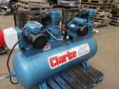 CLARKE TWIN MOTORED AIR COMPRESSOR SINGLE PHASE YEAR 2014 BUILD SOURCED FROM COMPANY CLOSURE