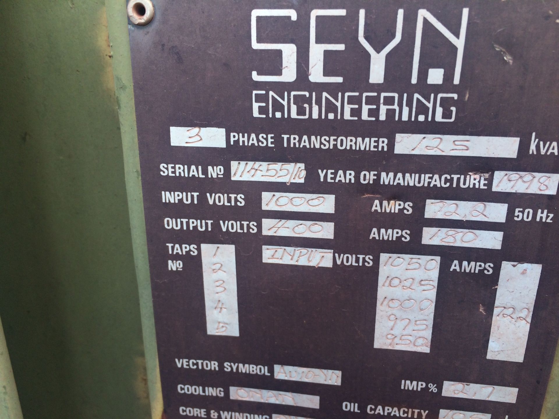 2 X SEYN ENGINEERING TRANSFORMERS(3 PHASE) - TO BE SOLD PER PIECE, ONE BUYER TO TAKE ALL - Image 3 of 3