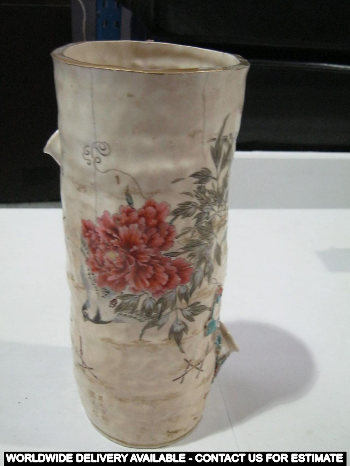 Ceramic cylindrical vase with relief decoration, hand painted flowers and bark stubs