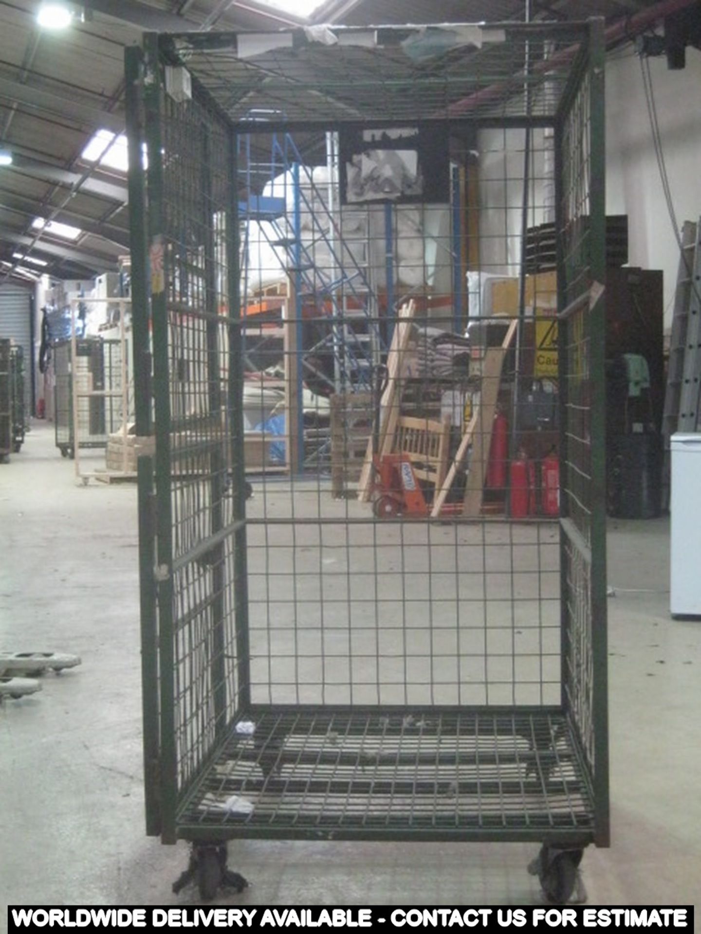 Wire mesh four wheeled parcel cage - 90cms width x 107cms depth x 180cms height approximately