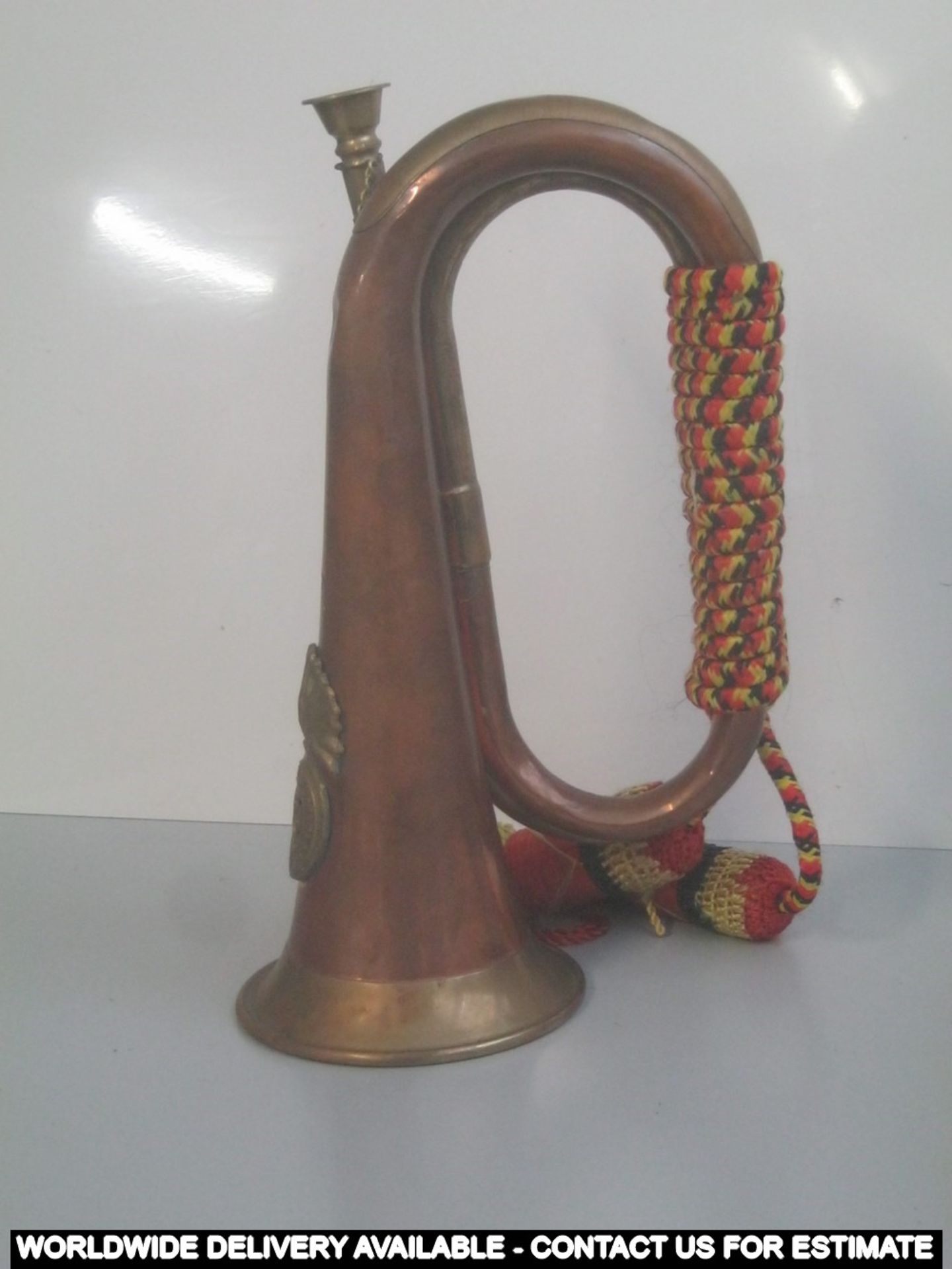 Reproduction brass and copper bugle with military crest - Image 2 of 3