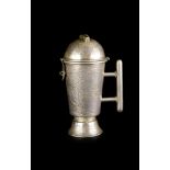MONEY BOX  20th century. Silver lockable money box in the shape of cup on higher base with bulging
