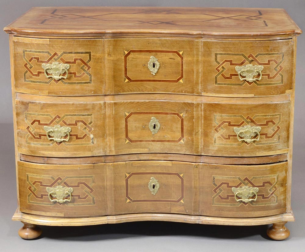 BAROQUE CHEST OF DRAWERS  Austria, 1770s – 1780s. Chest of three drawers on four turned legs with