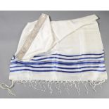 TALLIT  Central Europe, 20th century. Jewish prayer shawl. Silk, white with blue strips, decorated