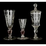 THREE GOBLETS  Bohemia, 18th century. Conic goblet of clear cut glass on facet baluster leg with a