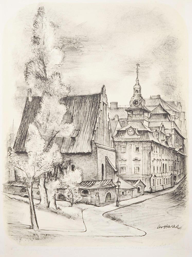 Leo Haas (1901-1983)  JEWISH TOWN HALL WITH AN OLD NEW SYNAGOGUE. 1946. Scene of a Jewish quarter in