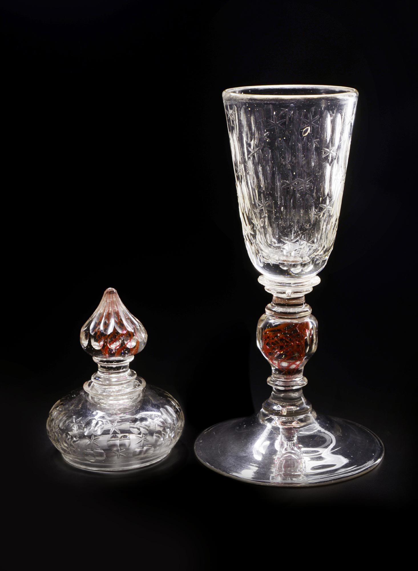 TWO CLASSICISTIC GOBLETS  Bohemia, 2nd half of 18th century. Conic goblet of clear glass on baluster - Image 2 of 3