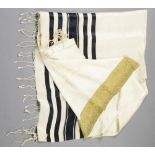 TALLIT  Central Europe, 20th century. Jewish prayer shawl. Silk, white with black strips,